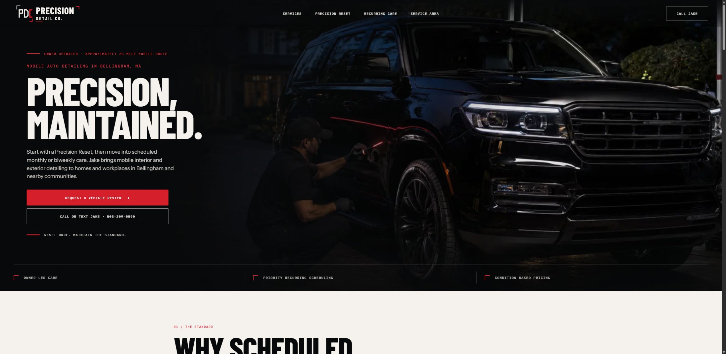 Precision Detail Mobile website with its detailing services and vehicle review action